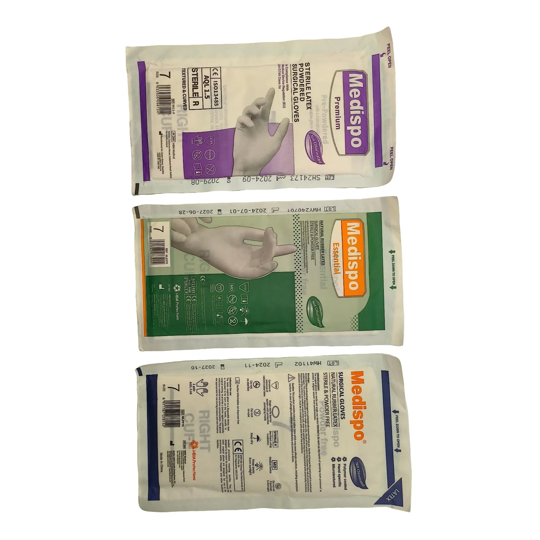 Luvas Cirúrgicas de Látex Natural Essencial Esterilizadas e Sem Pó Texturizadas Não Clorinadas Tamanho 7 Grau Cirúrgico Médico