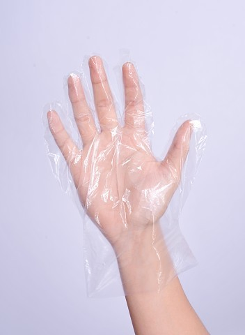 Luvas descartáveis azuis de HDPE com embalagem em cartão de cabeçalho