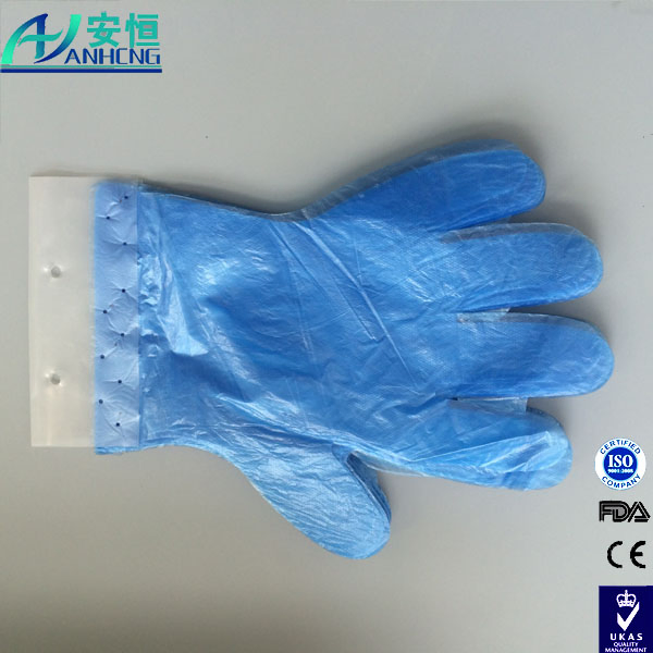Luvas descartáveis azuis de HDPE com embalagem em cartão de cabeçalho