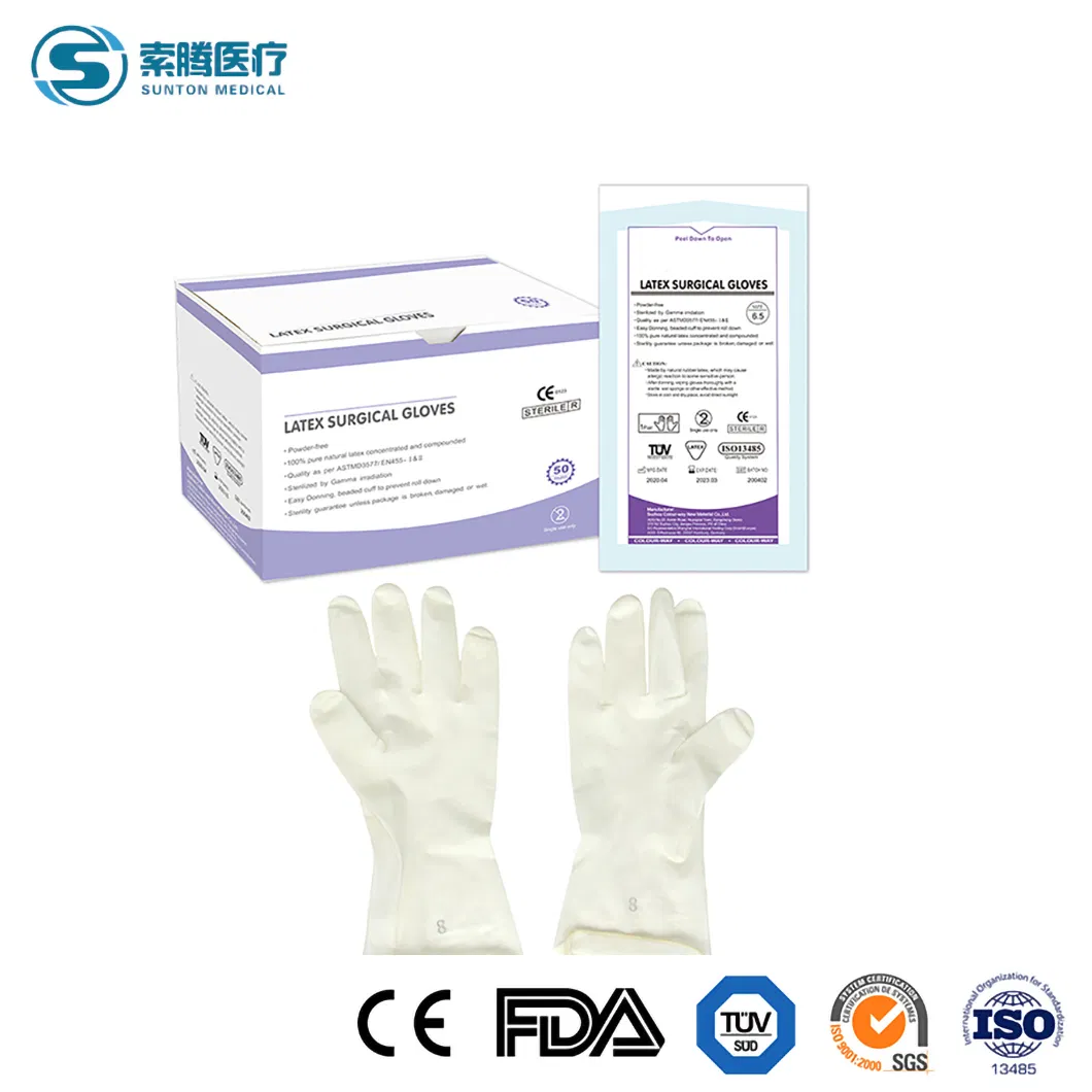Luvas Cirúrgicas Estéreis Sem Pó Sunton Grande Certificação de Qualidade CE da China Fábrica de Luvas Cirúrgicas Baratas Amostra Disponível Luvas de Látex