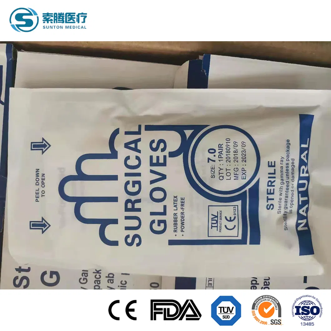 Luvas Cirúrgicas Padrão de Segurança Sunton GB4806.11-2016 Tipo de Desinfecção por Luz Ultravioleta Fabricadas na China Luvas de Látex de Grau Médico Amostra Grátis