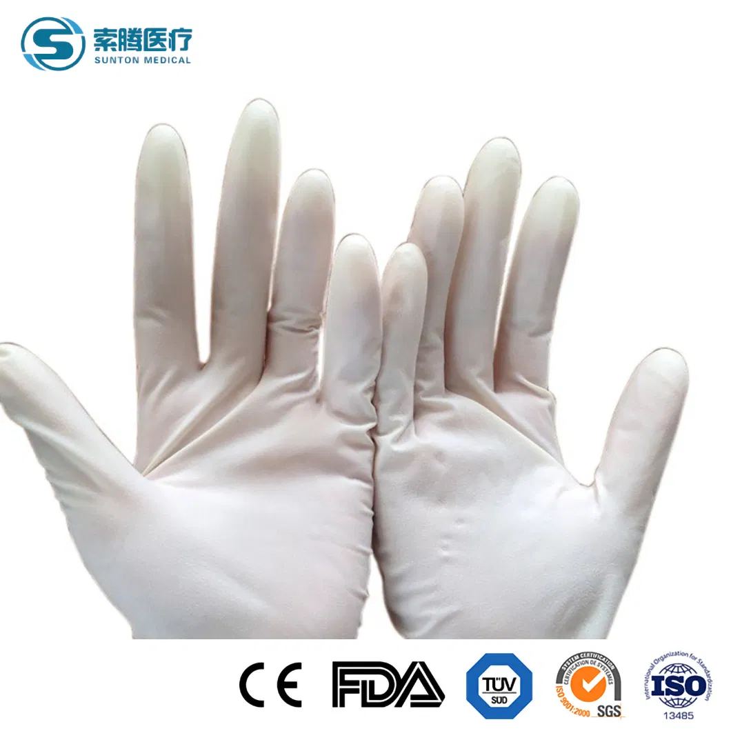Luvas de látex descartáveis de grau médico Sunton M L S XL Tamanho Atacado Mitten China Luvas cirúrgicas resistentes à abrasão Amostra disponível Luva de látex