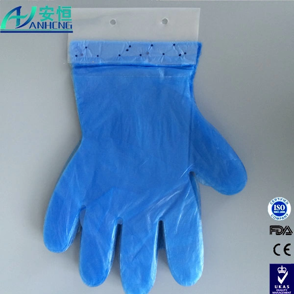 Luvas descartáveis azuis de HDPE com embalagem em cartão de cabeçalho