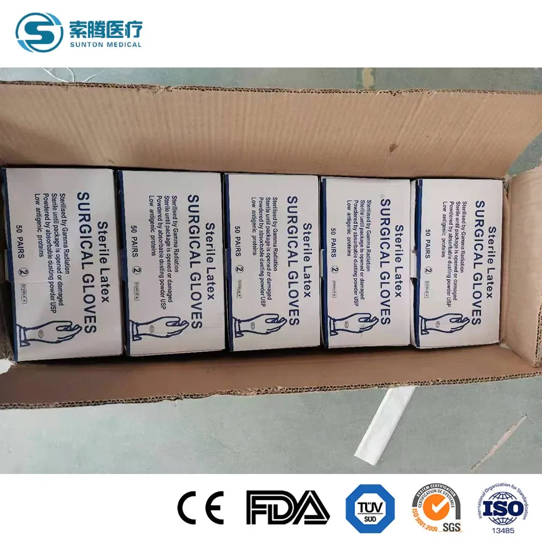 Luvas Cirúrgicas de Látex de Alta Elasticidade Sunton China Tamanhos M L S XL Luvas de Látex Fábrica OEM Personalizadas Luvas Cirúrgicas Estéreis Baratas de Grau Médico Mitten