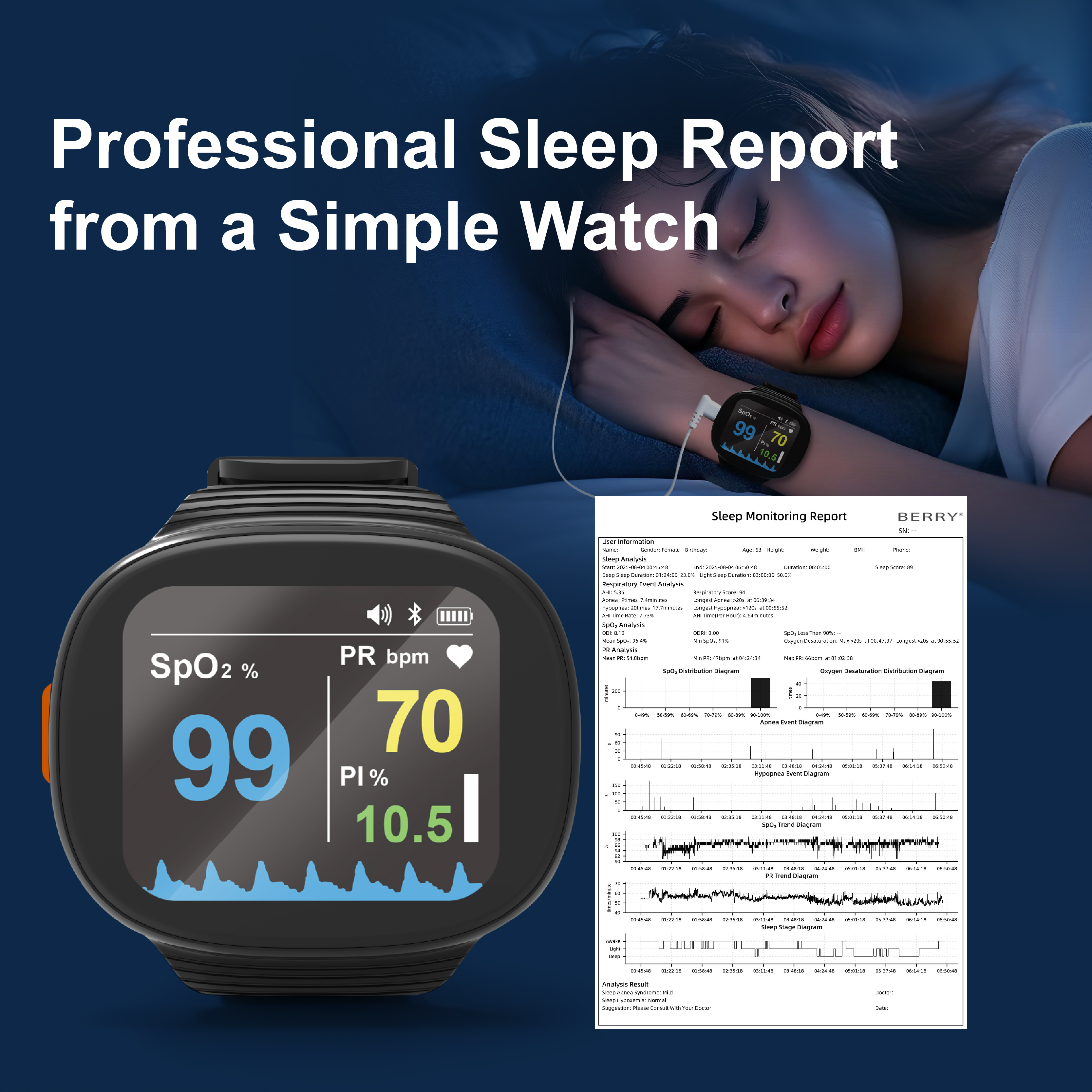 BERRY BM2000A Sleep Health-care Pulse Oximeter 24-Hour Continuous Monitoring Bluetooth Rechargeable Battery Color Electricity