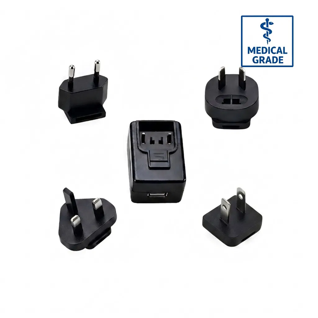 12W Max Medical AC Adapter Interchangeable Plug UL/IEC 60601-1 5V 2.4A for Blood Pressure Monitoring Devices