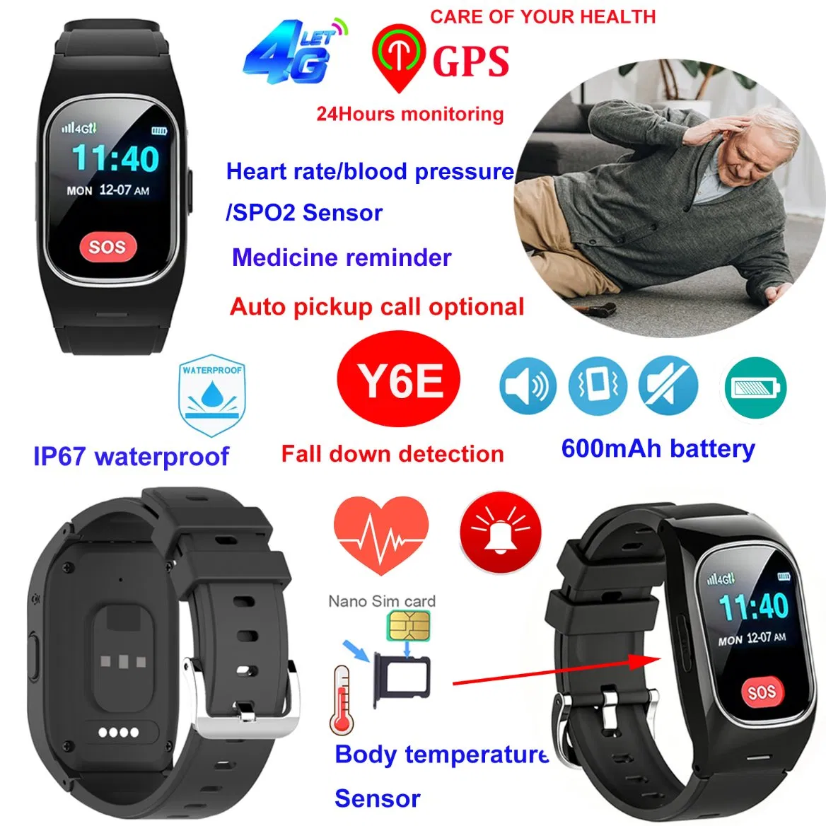 2026 New IP67 Waterproof Smart Watch with Heart Rate Blood Pressure SP02 Monitoring for Elderly Health Care Y6E