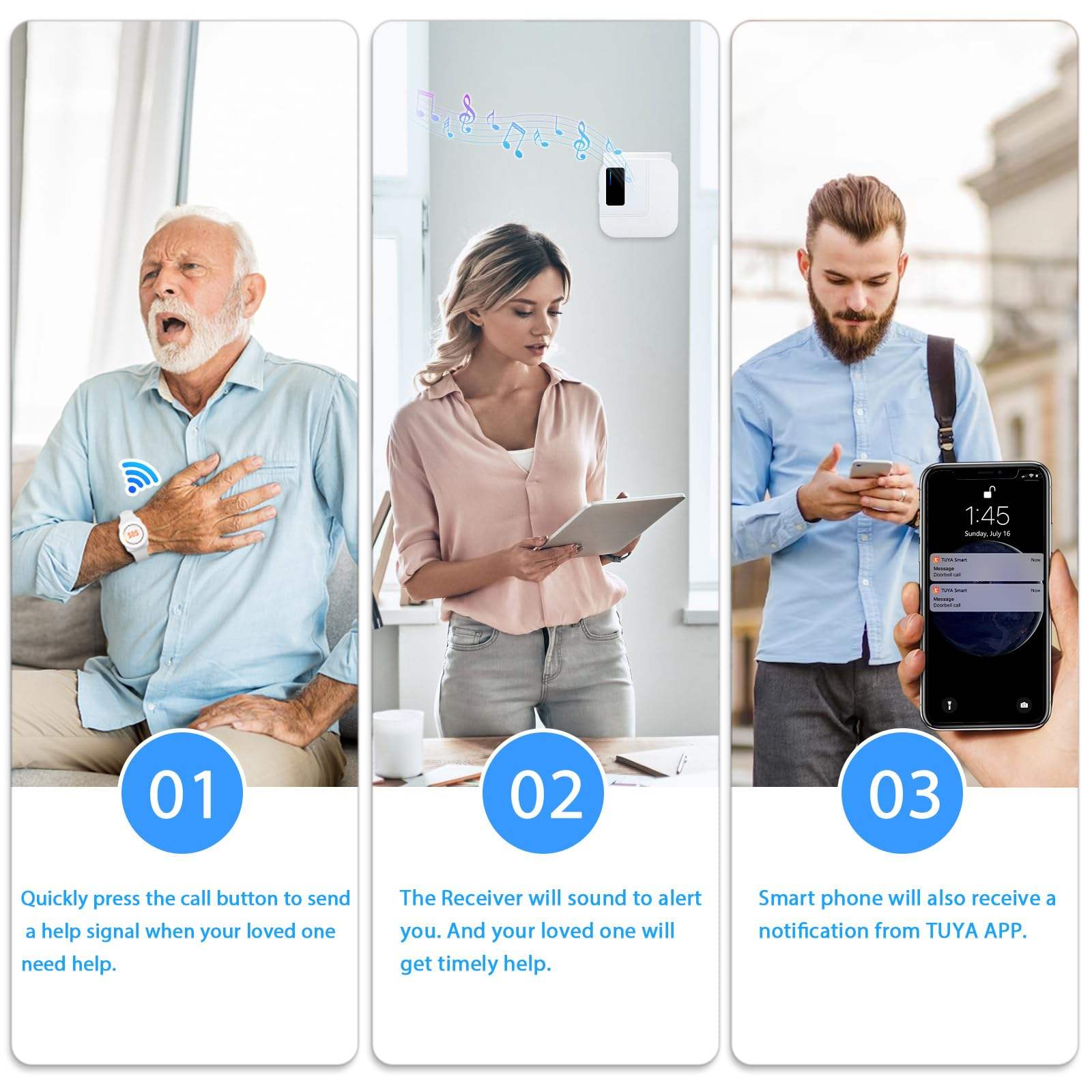 Daytech Tuya Smart Caregiver Pager SOS Alarm Wristband Button APP Emergency Alert For Elderly People Living Alone