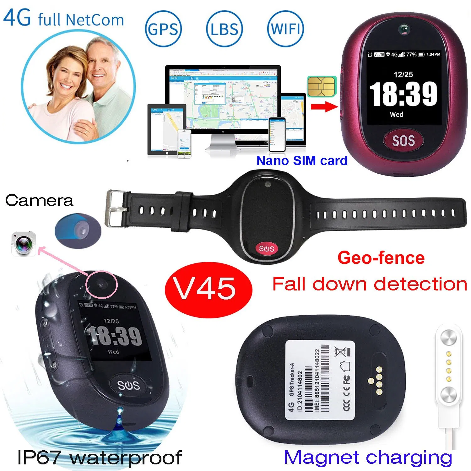 Remote Health Monitoring Smart GPS Tracking Device for Nursing Homes with 4G Connectivity and Vital Sign Sensors V45