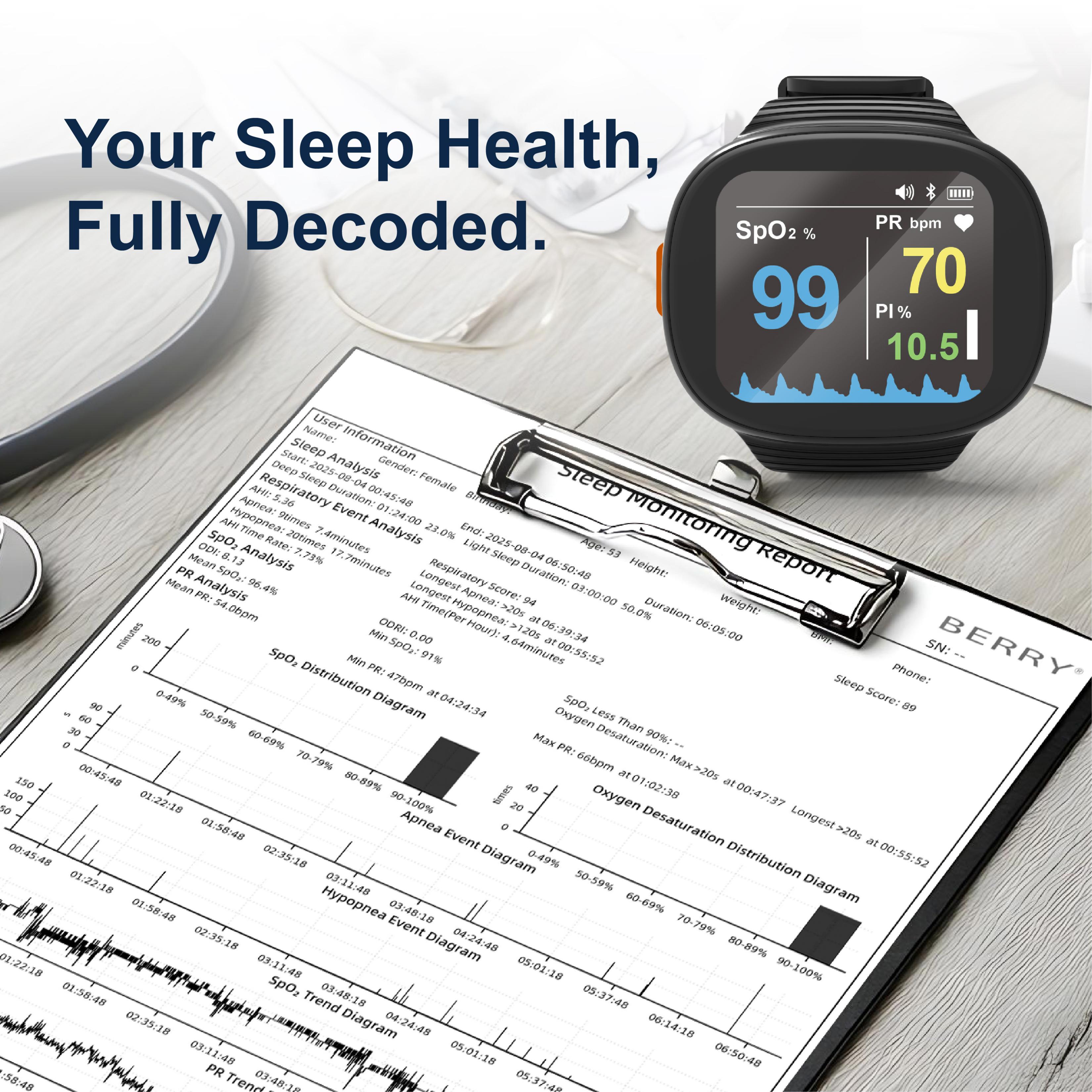 BERRY BM2000A Sleep Health-care Pulse Oximeter 24-Hour Continuous Monitoring Bluetooth Rechargeable Battery Color Electricity