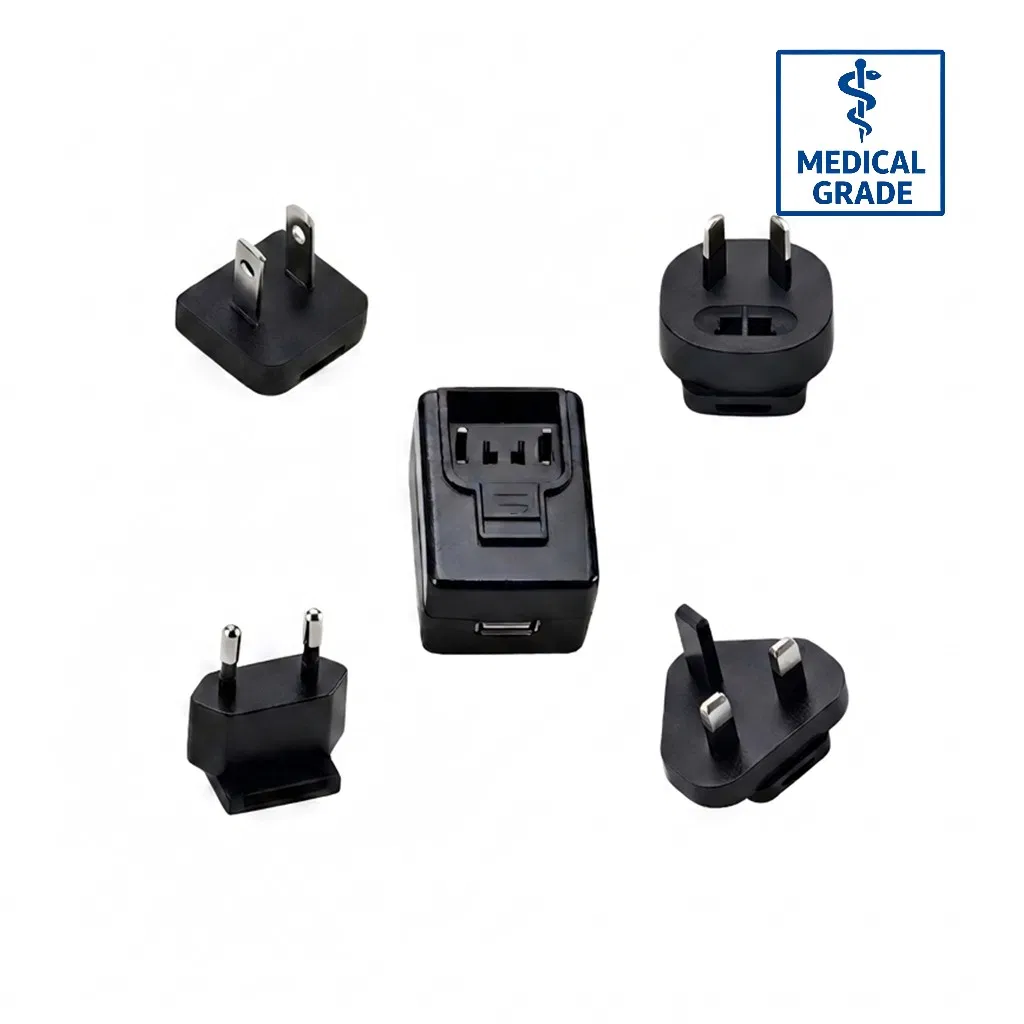 12W Max Medical AC Adapter Interchangeable Plug UL/IEC 60601-1 5V 2.4A for Blood Pressure Monitoring Devices