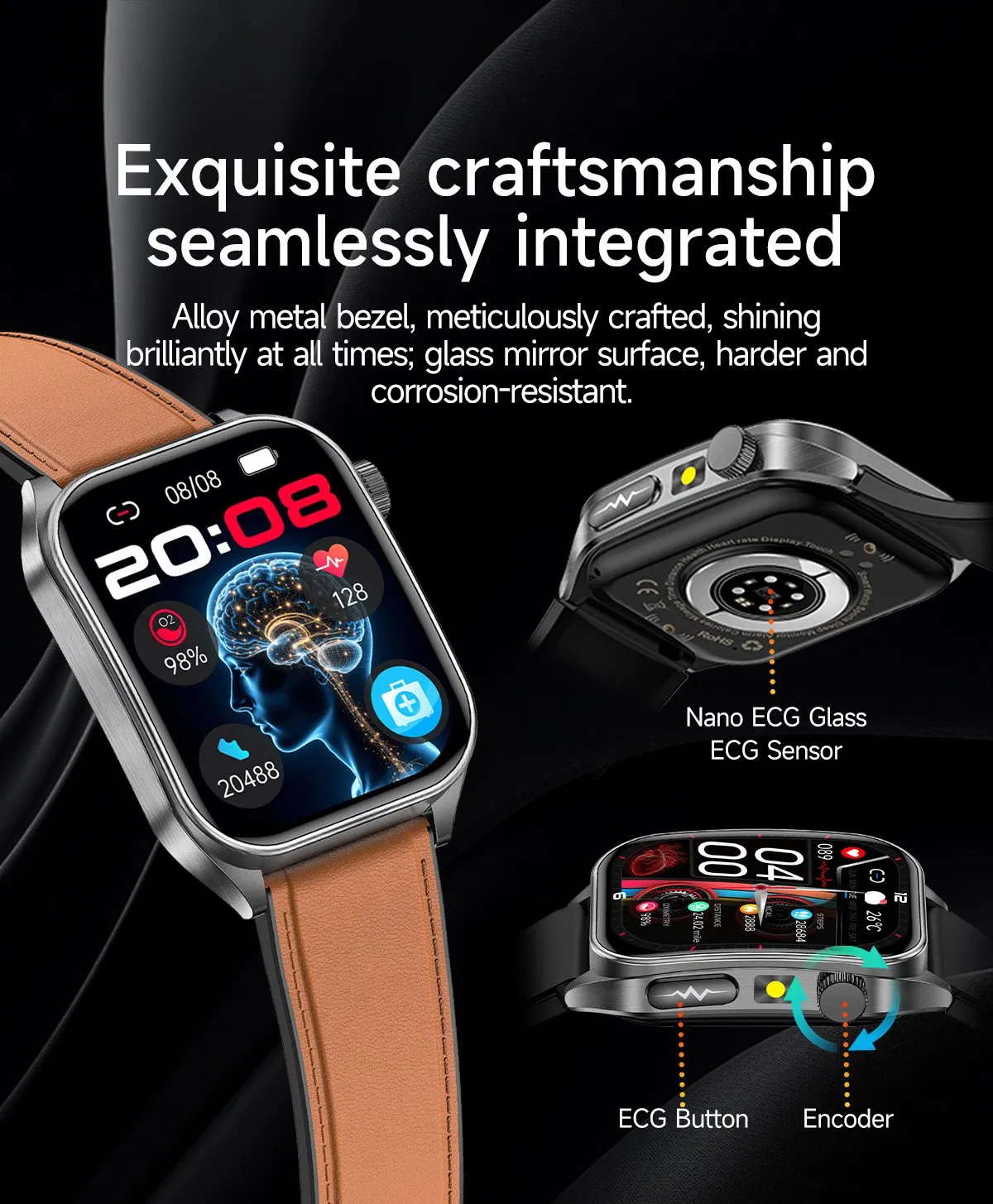 Cardiac Health Therapy Blood Glucose ECG Monitoring Blood Pressure IP68 Waterproof Fitness Tracker Smart Watch