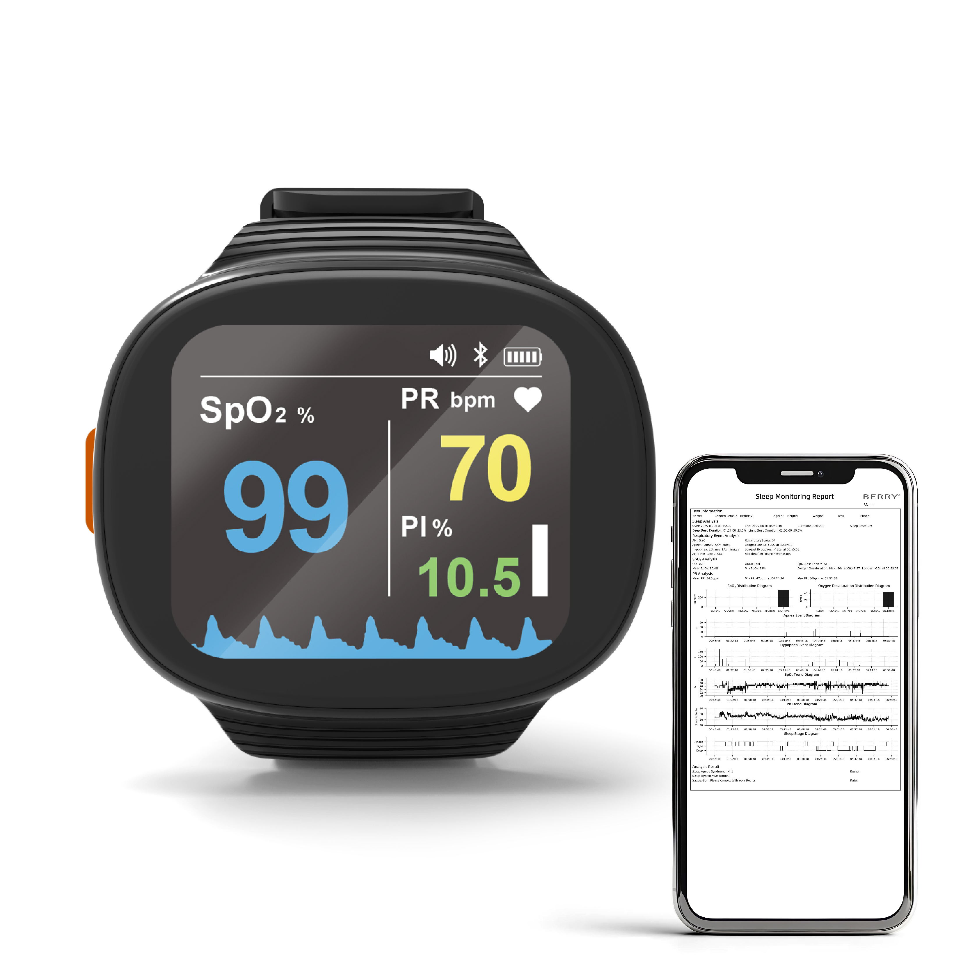 BERRY BM2000A Sleep Health-care Pulse Oximeter 24-Hour Continuous Monitoring Bluetooth Rechargeable Battery Color Electricity