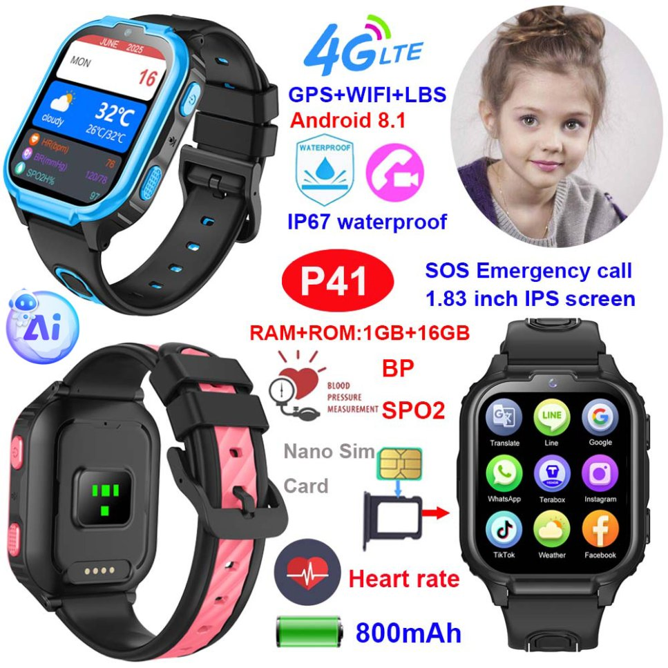 China factory 4G IP67 Waterproof mobile kids Smart AI watch with GPS tracking parental control P41