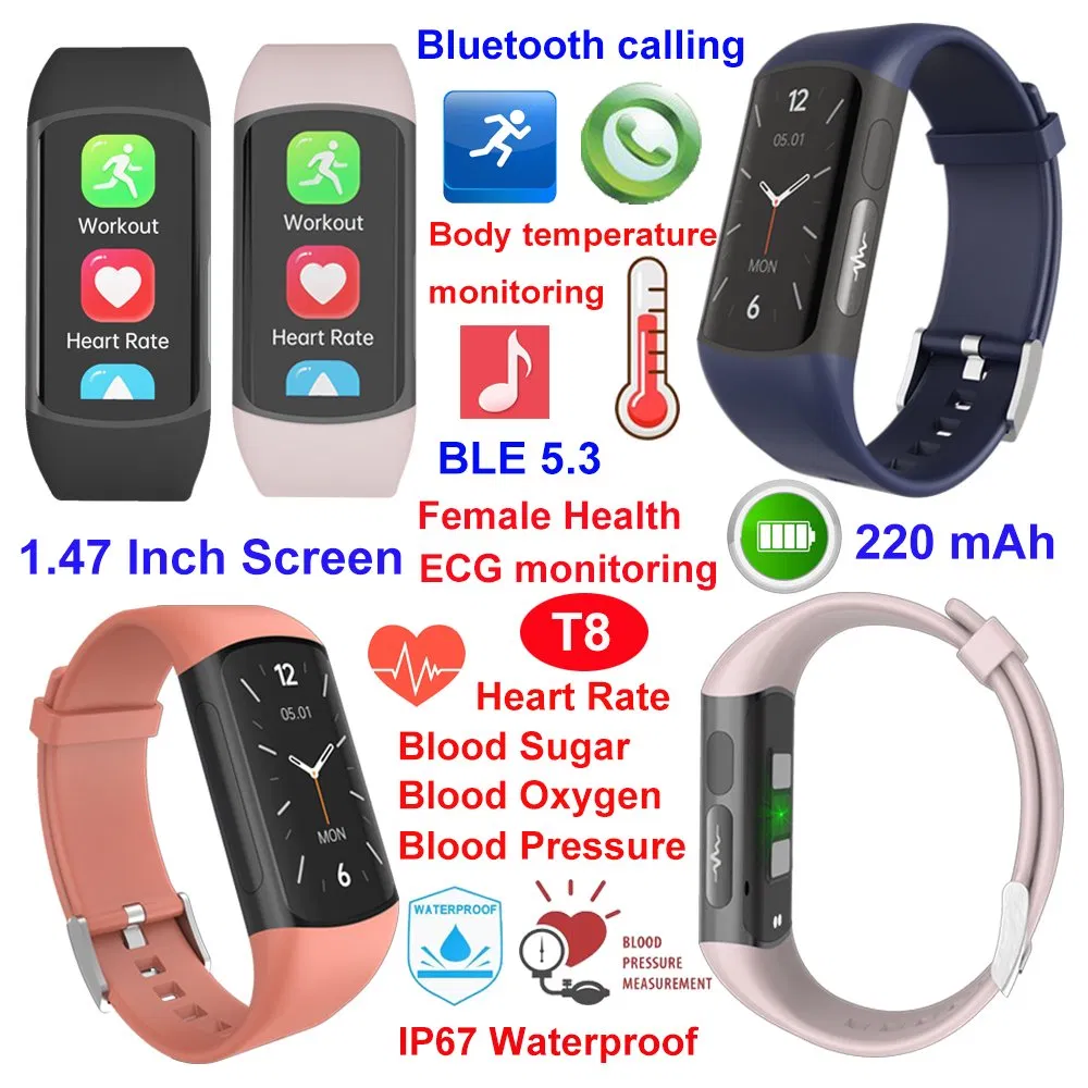 The latest IP67 water resistance mobile smart bracelet with heart rate blood pressure SPO2 &nbsp;for health monitoring T8