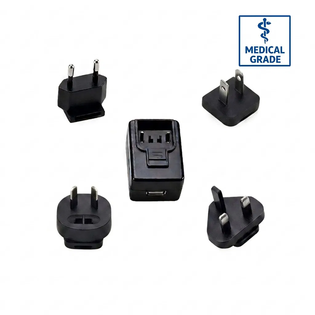 12W Max Medical AC Adapter Interchangeable Plug UL/IEC 60601-1 5V 2.4A for Blood Pressure Monitoring Devices