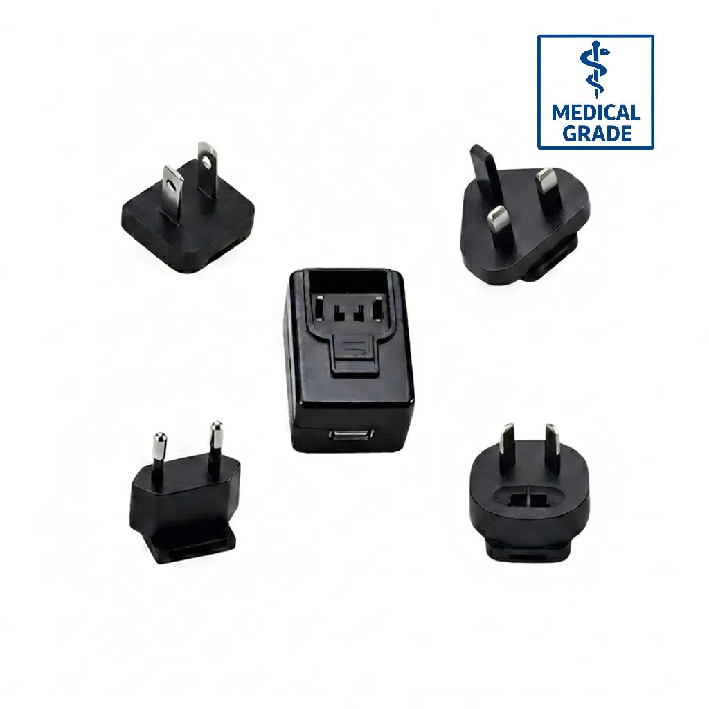 12W Max Medical AC Adapter Interchangeable Plug UL/IEC 60601-1 5V 2.4A for Blood Pressure Monitoring Devices