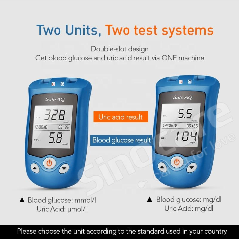 CE Approved Sinocare Large Memory Household Ua Tester Safe Aq Ug Blood Glucose and Uric Acid Monitoring Device Single Meter