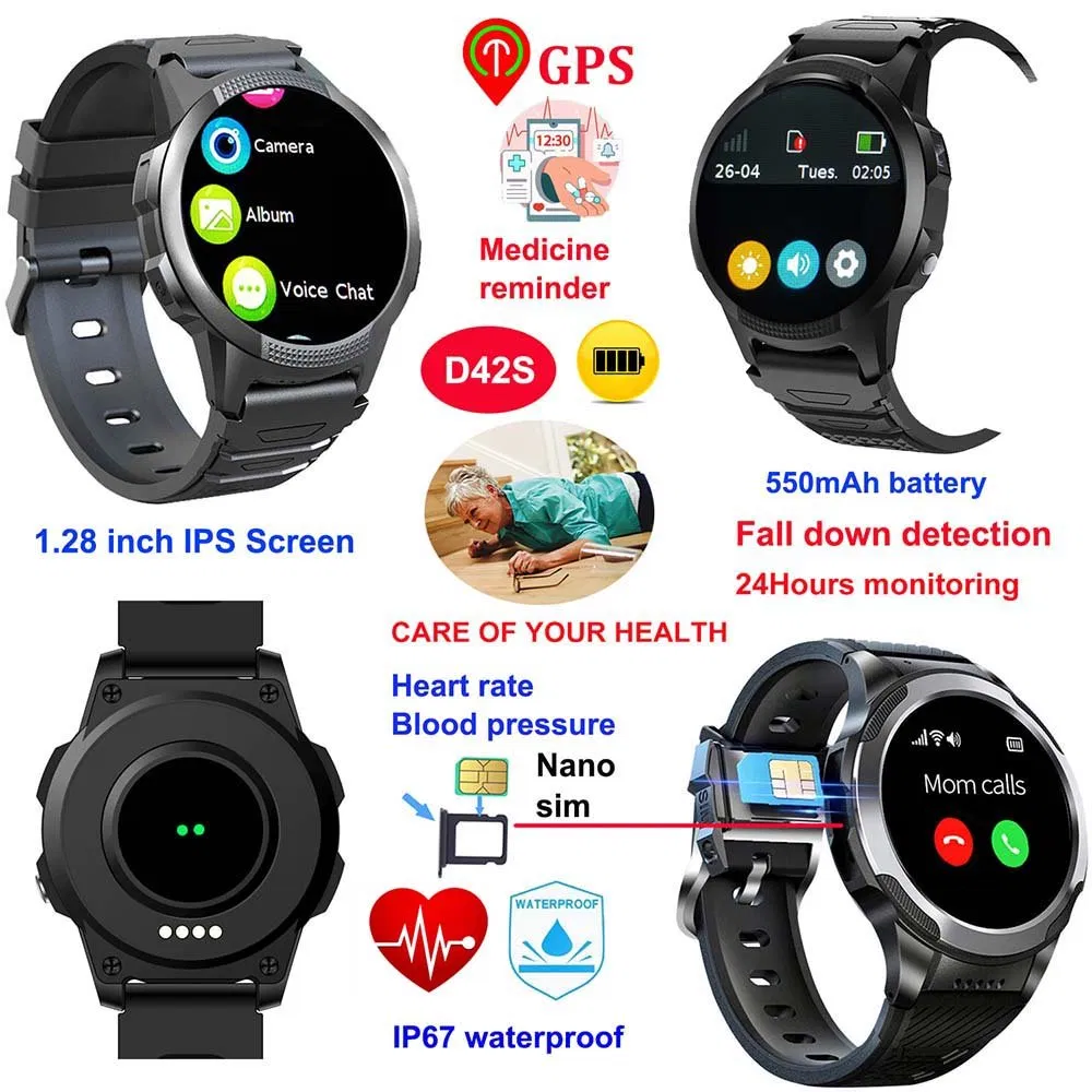 4G IP67waterproof GPS watch tracker with round screen fall down detection Geo-fence alerts SOS emergency call and heart rate blood pressure monitoring D42S