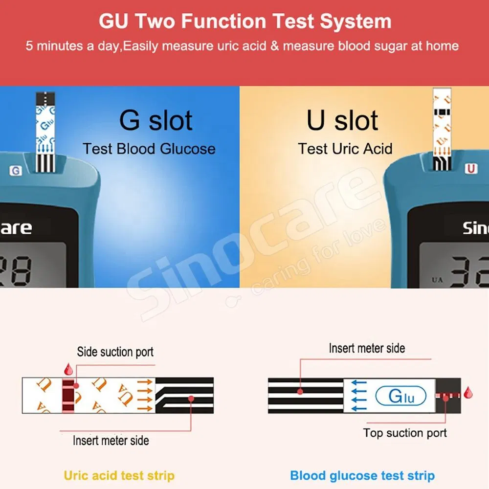 Sinocare Safe Aq Ug Home and Hospital Use Blood Glucose for Blood Glucose and Uric Acid Test 2 in 1 Test Meter Set with Strips