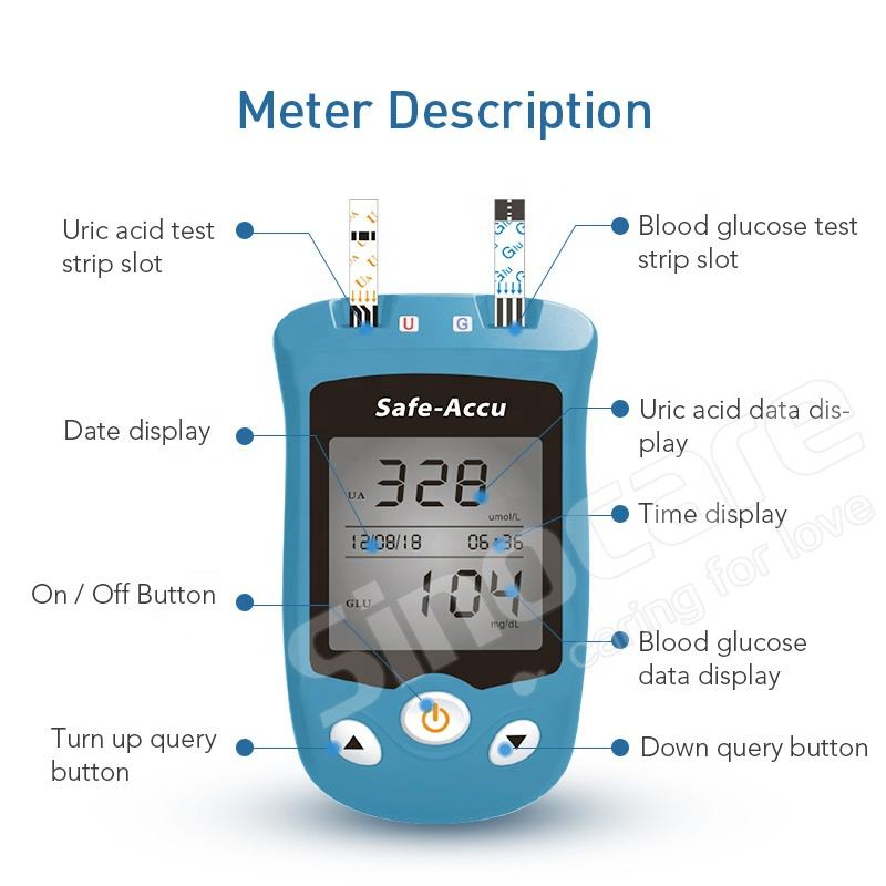 Sinocare Safe Aq Ug Home and Hospital Use Blood Glucose for Blood Glucose and Uric Acid Test 2 in 1 Test Meter Set with Strips