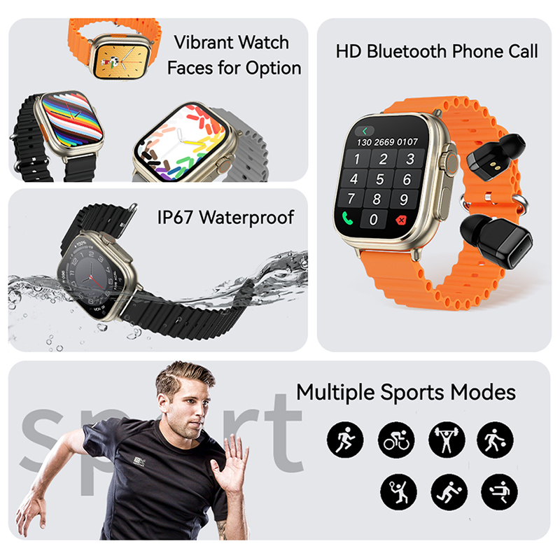 2 in 1 Earphones Health Monitoring Fitness Tracker Smart Watch with Wireless Earbuds