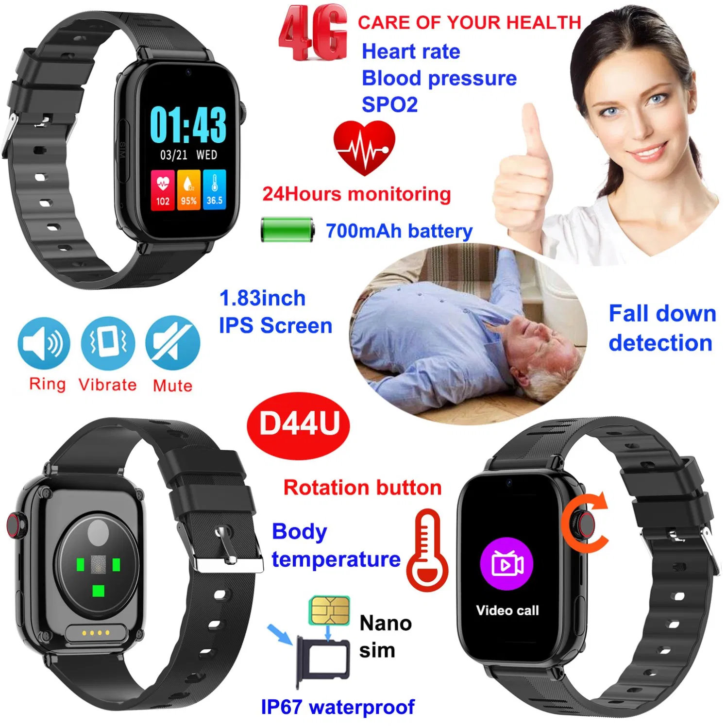 New Arrival 4G IP67 Waterproof best Healthcare fitness Senior GPS Tracker with Heart Rate and Blood Pressure for Daily Fitness Tracking D44U