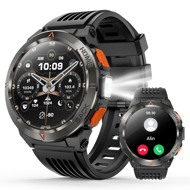 GS500 GPS LED Flashlight Health Monitoring Fitness Tracking Notifications Voice Assistans Wearable Technology Men Man 1.43inch Smartwatch
