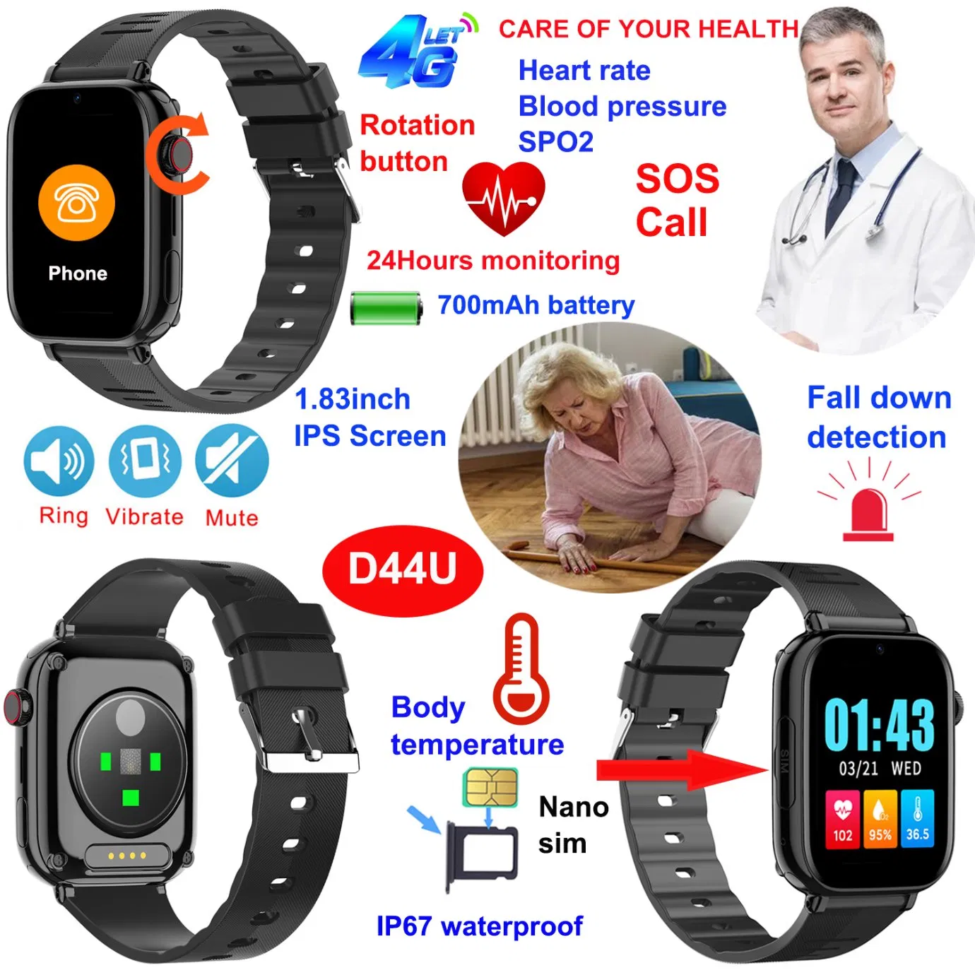 Hot selling 4G Waterproof Parents Health care GPS Tracker Watch with Health Monitoring for Personal Fitness Tracking D44U