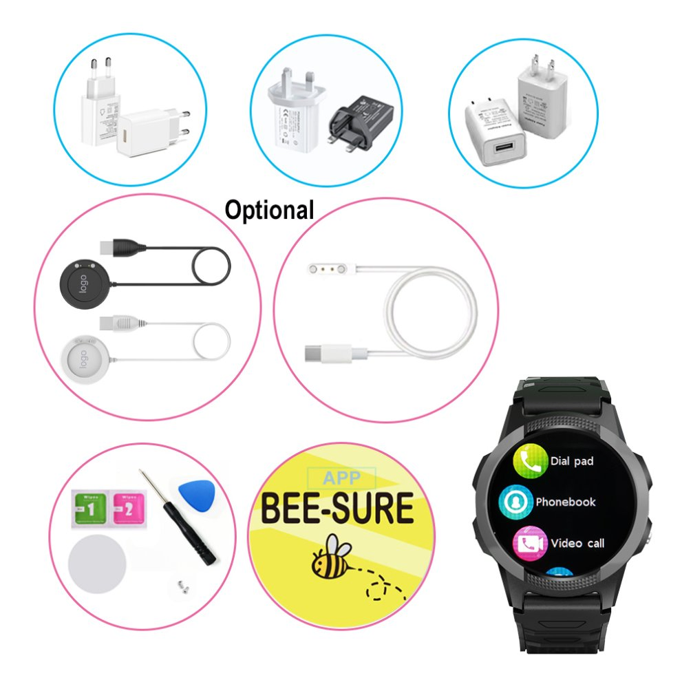 4G IP67waterproof GPS watch tracker with round screen fall down detection Geo-fence alerts SOS emergency call and heart rate blood pressure monitoring D42S