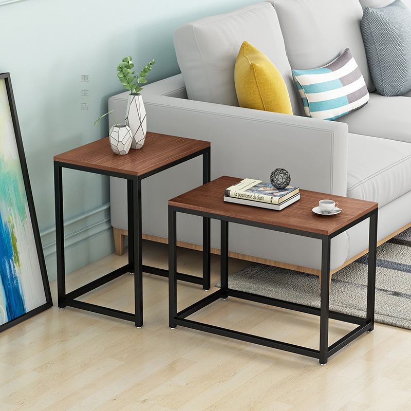 Minimalist Solid Wood Side Table Living Room Sofa Corner Table Wrought Iron Coffee Table Balcony Rectangular Lounge Table Compact Apartment Coffee Table