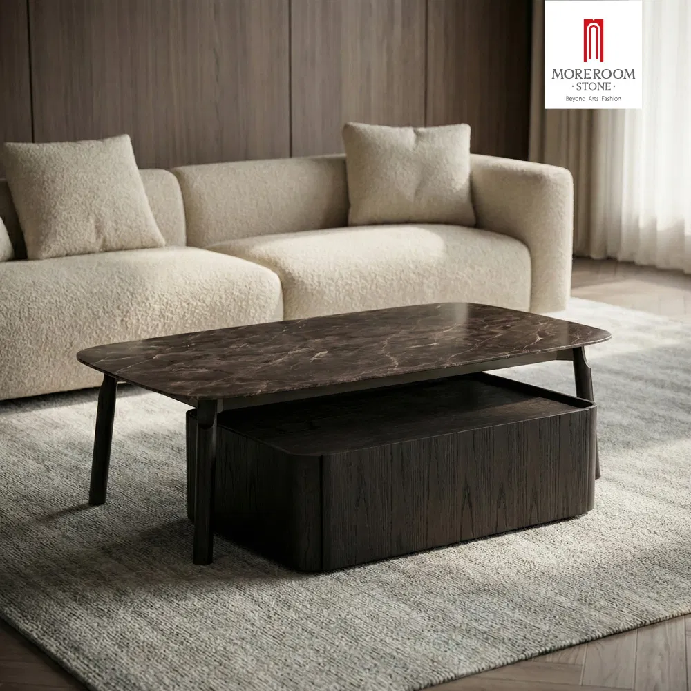 Modern Mixed Material Marble and Leather Coffee Table with Storage Drawers for Luxury Executive Office and Lounge
