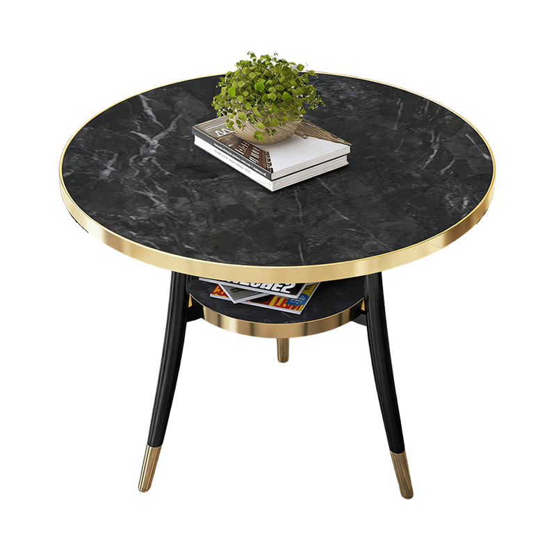 Sleek Two-Tier Round Table Elegant Lightweight Lounge Table Black Marble Effect Coffee Table for Indoor and Outdoor Use