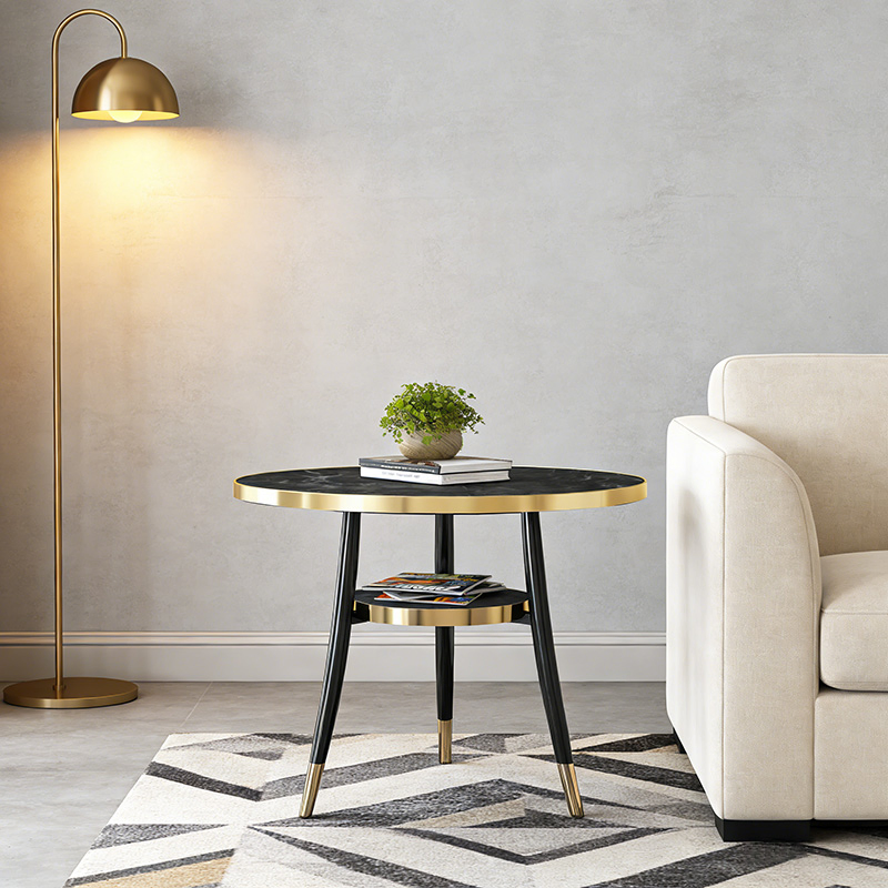 Sleek Two-Tier Round Table Elegant Lightweight Lounge Table Black Marble Effect Coffee Table for Indoor and Outdoor Use