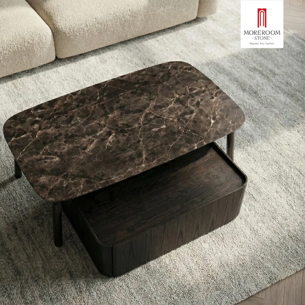 Modern Mixed Material Marble and Leather Coffee Table with Storage Drawers for Luxury Executive Office and Lounge