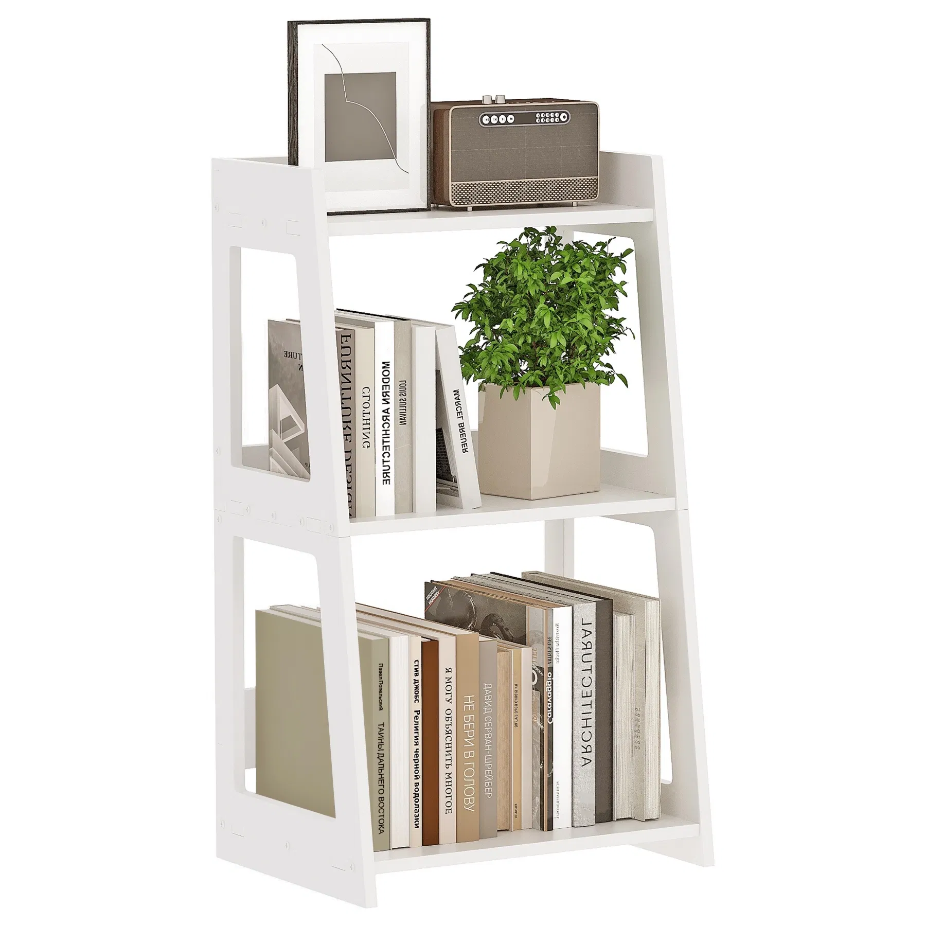 3-Tier White Ladder Shelf Bookshelf Freestanding for Living Room Storage