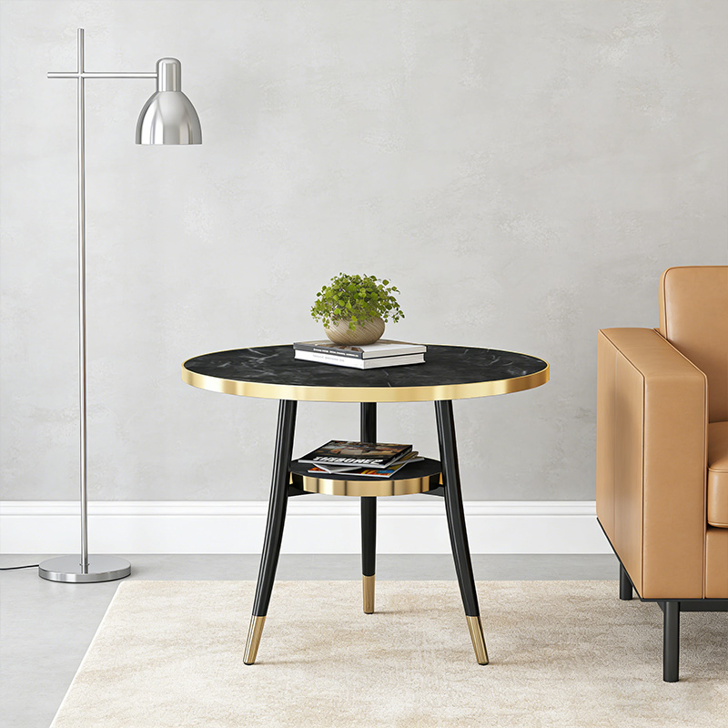 Sleek Two-Tier Round Table Elegant Lightweight Lounge Table Black Marble Effect Coffee Table for Indoor and Outdoor Use