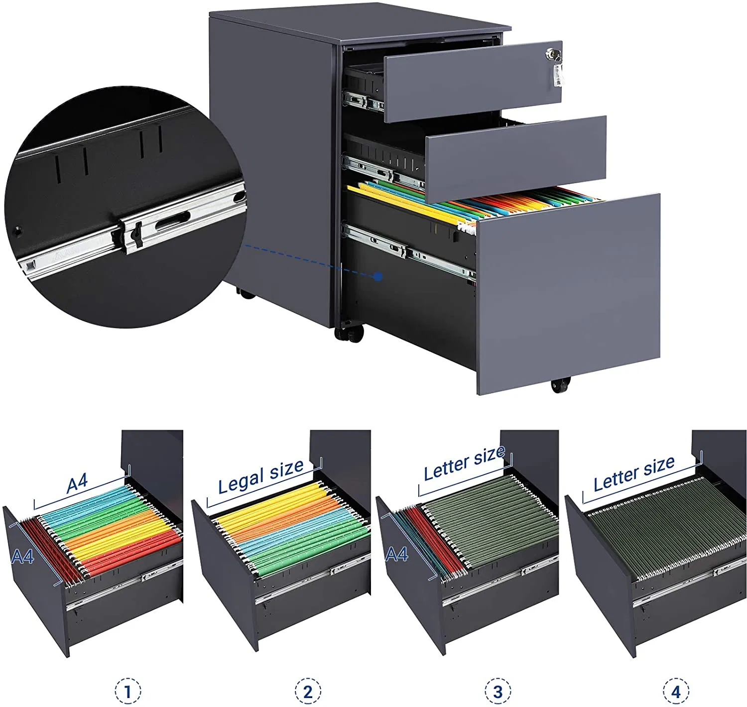 High Quality Office Equipment Storage Metal 3 Drawer Mobile Pedestal