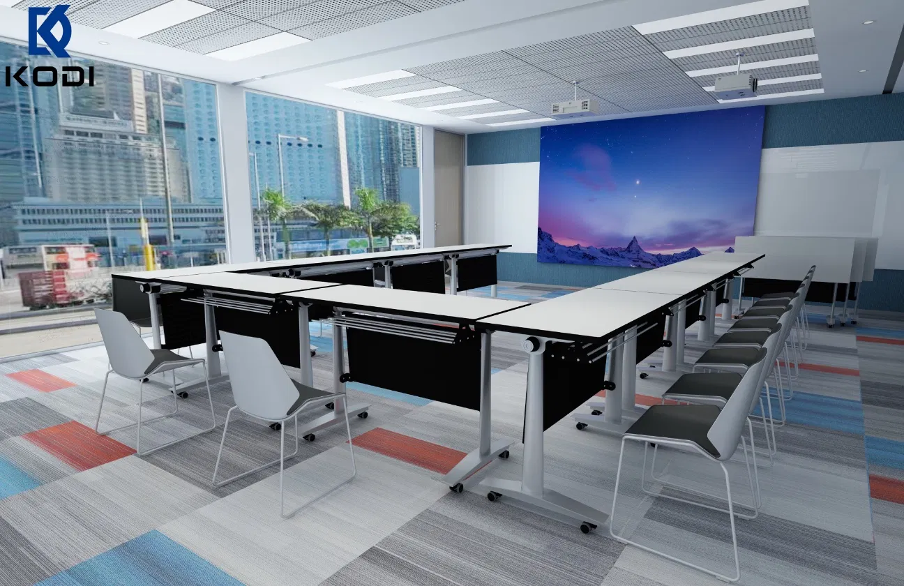 Office Furniture Meeting Room White Folding Table with Wheels Training Mobile Metal Frame Table