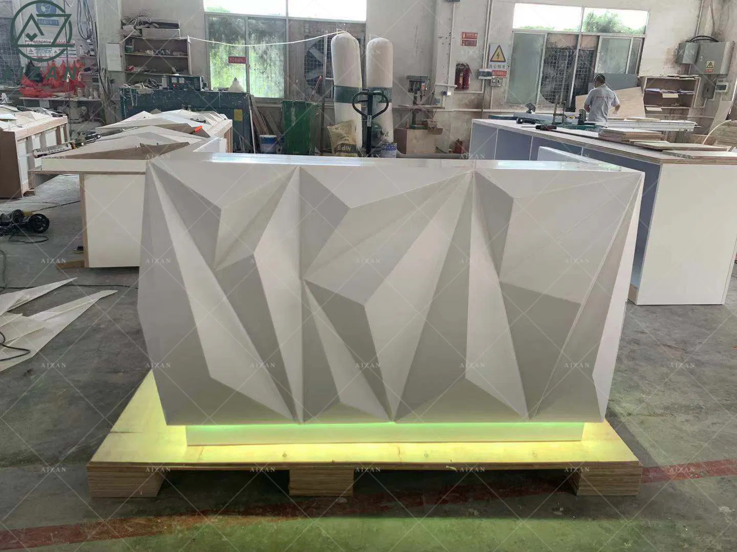 Solid Surface Top Information Counter Diamond Shape Front Desk White Reception Desk for Salon