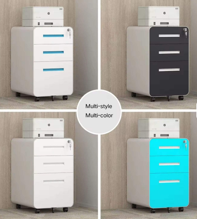 Compact Metal File Cabinet 3 Drawers Rounded Corners Mobile Pedestal Home Bedroom School Work-White Grey Black Steel Storage