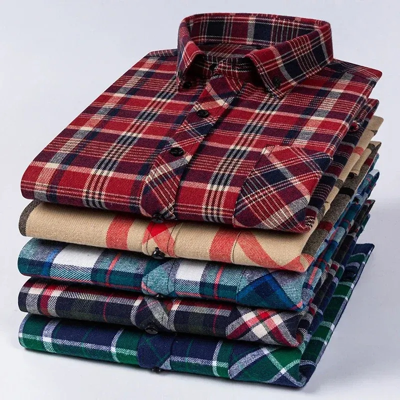قمصان طويلة الأكمام 100%Cotton للرجال بمقاسات كبيرة، أنيقة ومريحة بنقشة مربعات
