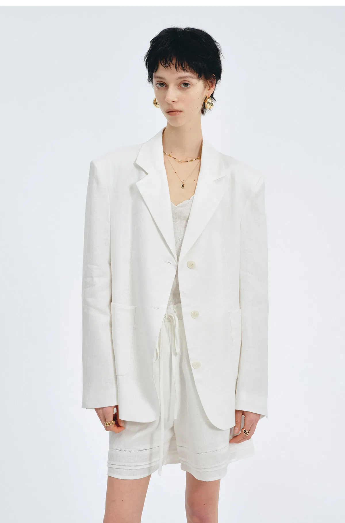 Women Oversized White Linen Blazer Jacket, Loose Notch Lapel Single Button Breathable Summer Suit Coat Casual Office Outerwear Custom Logo Wholesale