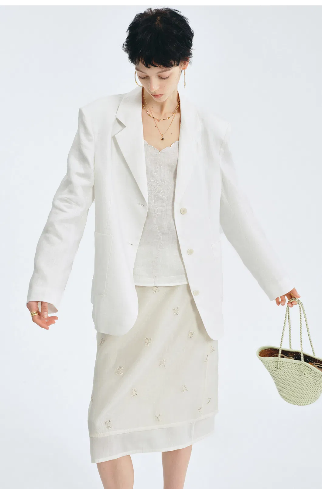 Women Oversized White Linen Blazer Jacket
