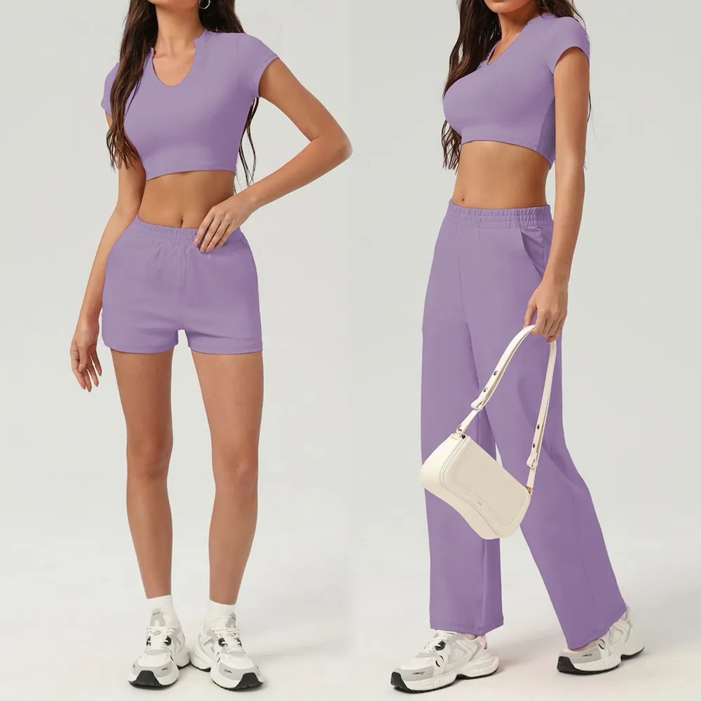أسلوب الشارع الجديد 3PCS ملابس رياضية صيفية مريحة بدلات رياضية لطيفة للنساء، تي شيرت قصير بفتحة على شكل V + شورتات رياضية + بنطلونات واسعة مع 4 جيوب