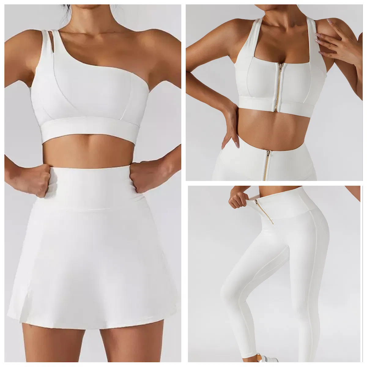 تصميم جديد 2/3/4PCS مجموعات ملابس رياضية ناعمة فاخرة ملابس تنس مثيرة للنساء، قميص رياضي بسحاب بشعار مخصص + تنانير رياضية + مجموعة من leggings عالية الخصر بسحاب