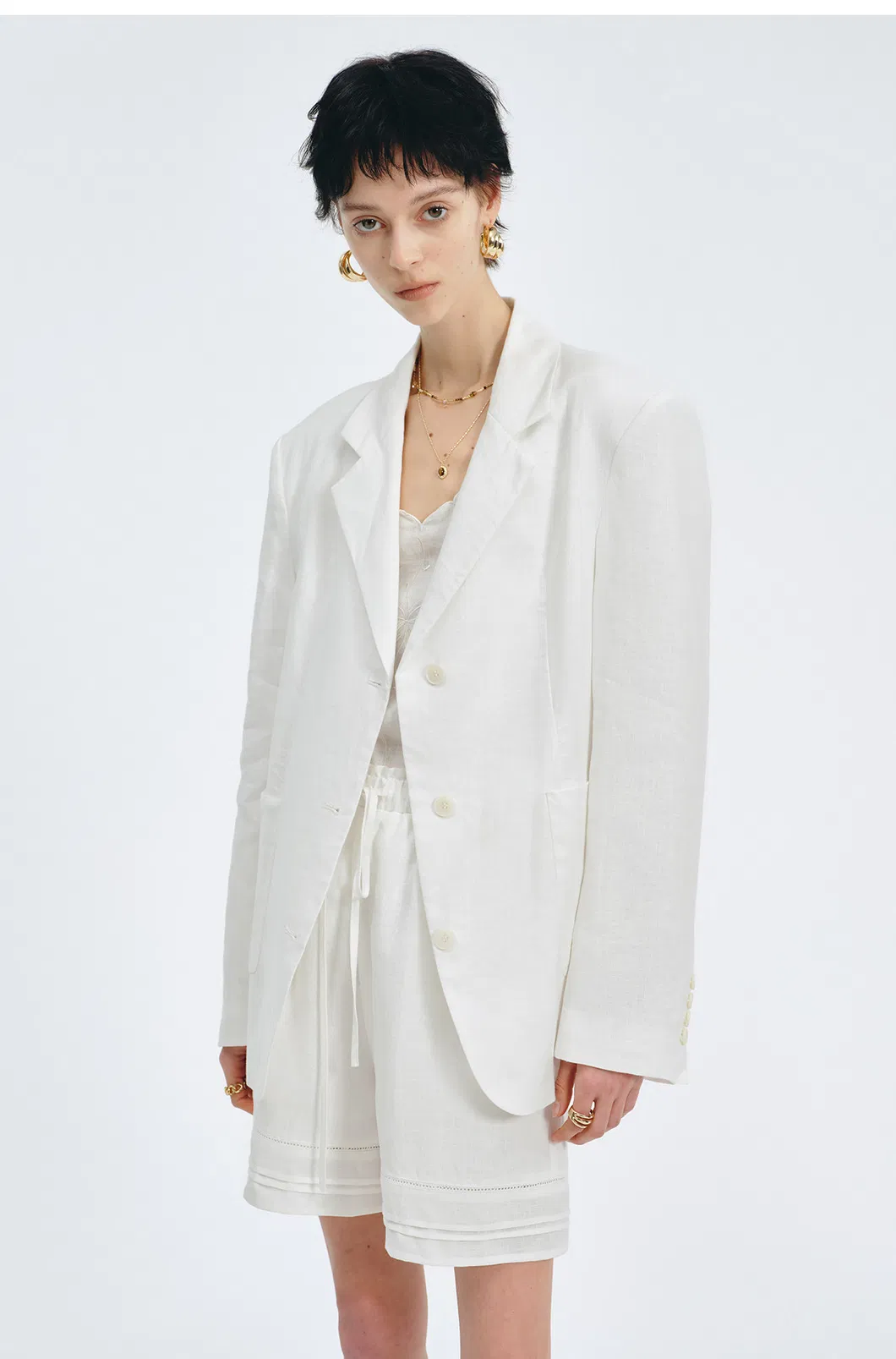 Women Oversized White Linen Blazer Jacket