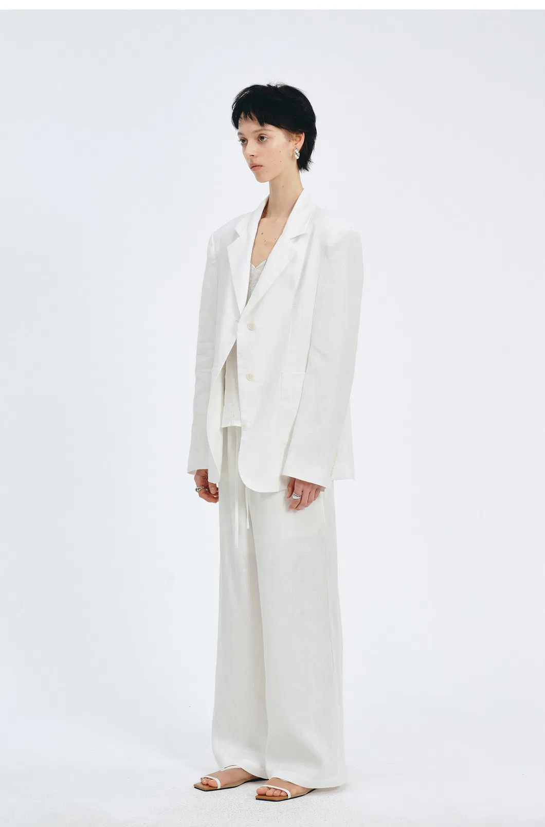 Women Oversized White Linen Blazer Jacket