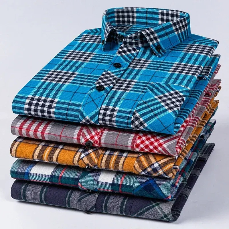 قمصان طويلة الأكمام 100%Cotton للرجال بمقاسات كبيرة، أنيقة ومريحة بنقشة مربعات
