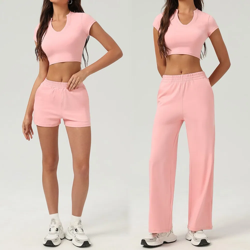أسلوب الشارع الجديد 3PCS ملابس رياضية صيفية مريحة بدلات رياضية لطيفة للنساء، تي شيرت قصير بفتحة على شكل V + شورتات رياضية + بنطلونات واسعة مع 4 جيوب